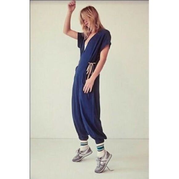 Free People Fp Movement Coast to Coast Jumpsuit One Piece Blue Harem - Picture 1 of 7